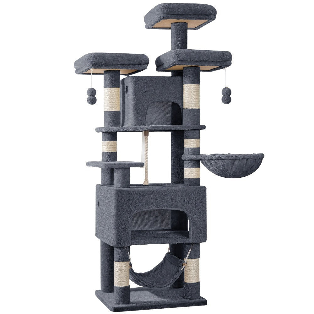 Árbol para Gatos, 176cm, Tamaño XL con 3 Plataformas, 2 Cuevas, 7 Postes Rascadores, Hamaca y Pelota de Felpa – Ideal para Familias de Gatos en Gris Claro/Gris Oscuro Beige, Torre de Escalada para Mascotas, Enriquecimiento Felino, Árbol Ahorra Espacio, Mu