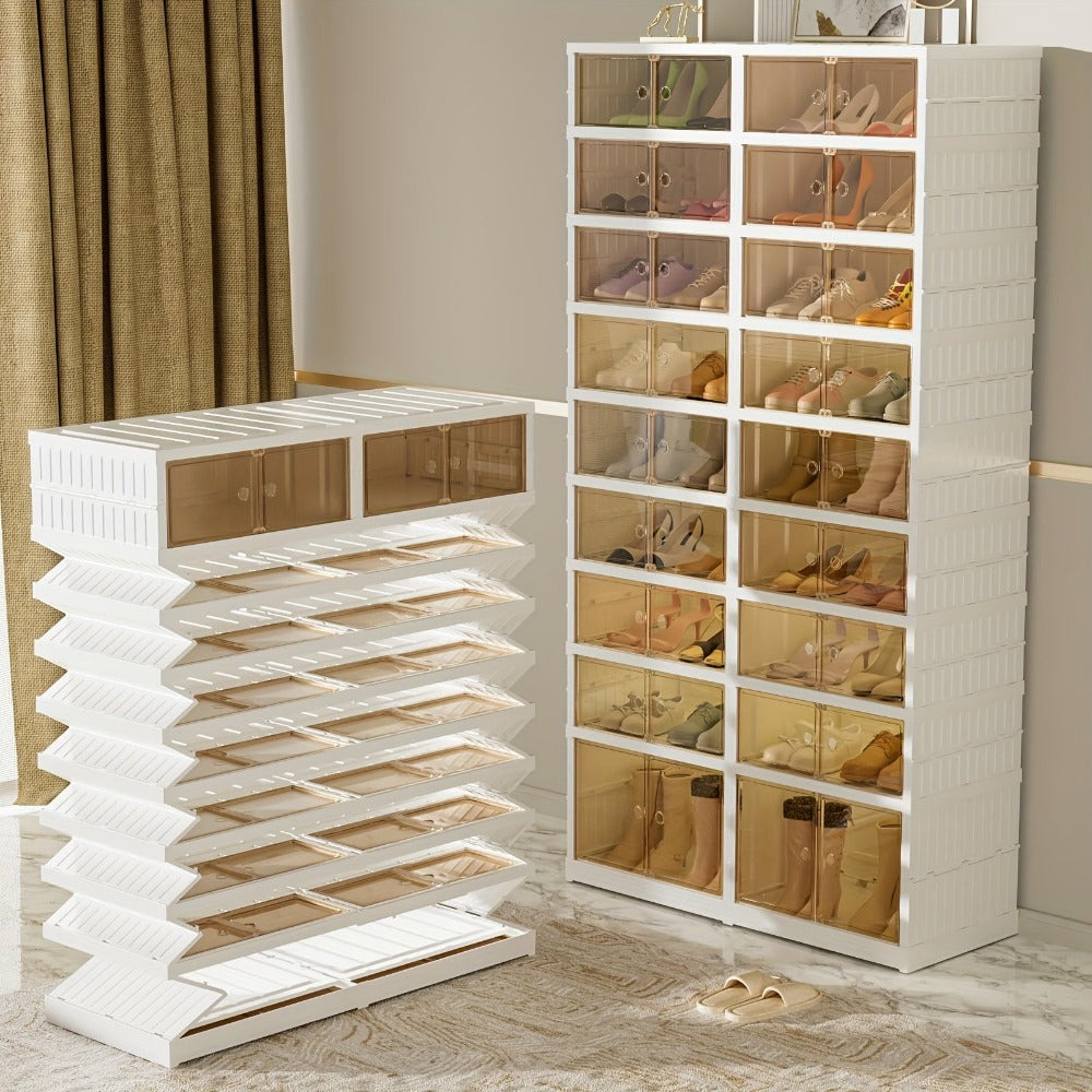 Organizador de Zapatos Plegable de 9 Niveles para 18 Pares, Estante de Zapatos de Plástico Colapsable, Armario de Almacenamiento de Cajas de Zapatos con Puerta Transparente Magnética, Fácil Montaje para Entrada, Dormitorio, Sala de Estar, Solo para Cocina