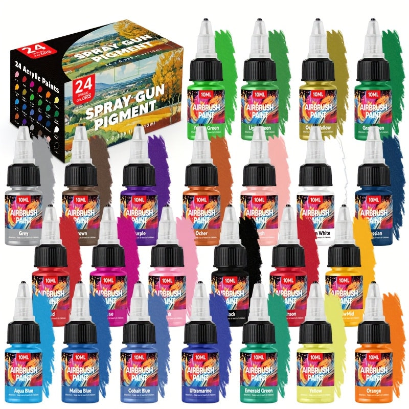 Un set de pinturas para aerógrafo en 12, 24 o 36 colores, cada una de 10 ml/0.33 oz, perfecto para diversas técnicas de pintura, incluyendo pintura al óleo, pintura a mano y proyectos. Ideal para principiantes y aficionados, así como para cerámica y arte.