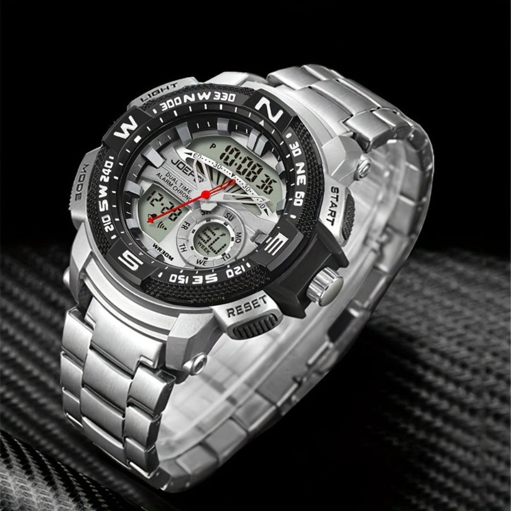 Reloj deportivo de lujo para hombre JOEFOX con doble pantalla - Esfera grande, luz nocturna LED, resistente al agua 3ATM, cronógrafo y alarma, reloj de pulsera estilo campo para hombre
