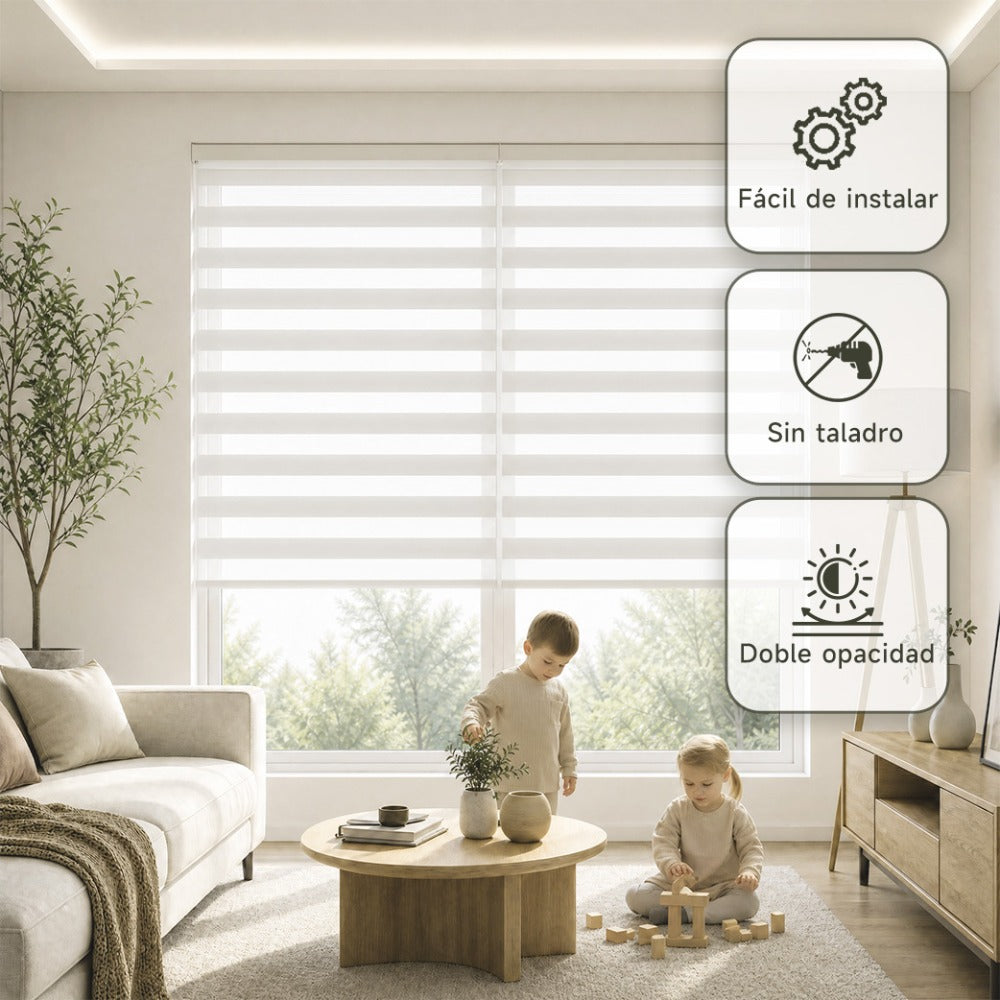 Estor enrollable de día y noche de doble capa, sin taladro, fácil instalación, resistente y duradero