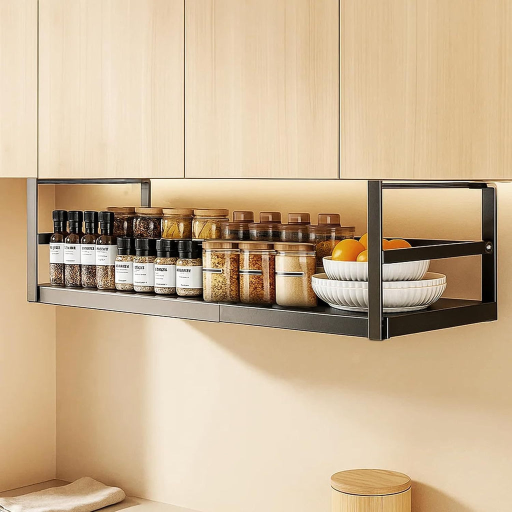 Estante de almacenamiento ajustable para colocar debajo del mueble, organizador de cocina expandible de 45 a 63 cm, estante colgante de metal para especias, frascos, cuencos, organizador que ahorra espacio para cocina, despensa o baño, estantes multiusos