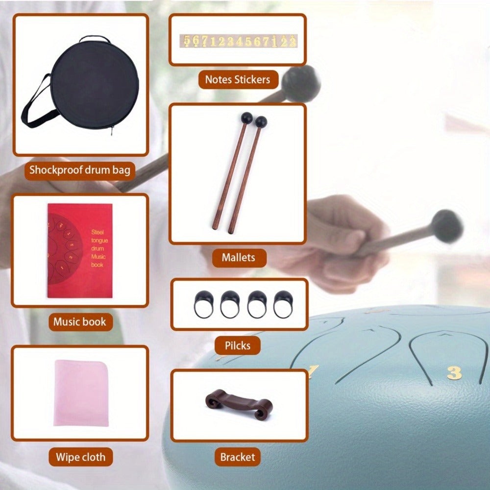 Tambor de lengüetas de acero de 12 pulgadas con 11 notas, completo con mazos de tambor, una bolsa de transporte y palillos de notas para terapia del sonido, meditación y yoga