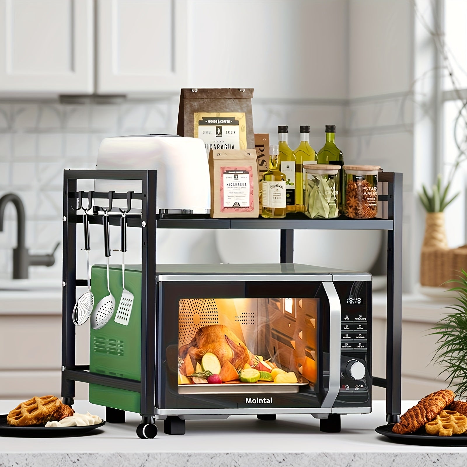 Estante de Cocina Extensible Negro: Estructura de 2 Niveles, 40-65 Cm, con 6 Ganchos para Soporte de Horno Microondas
