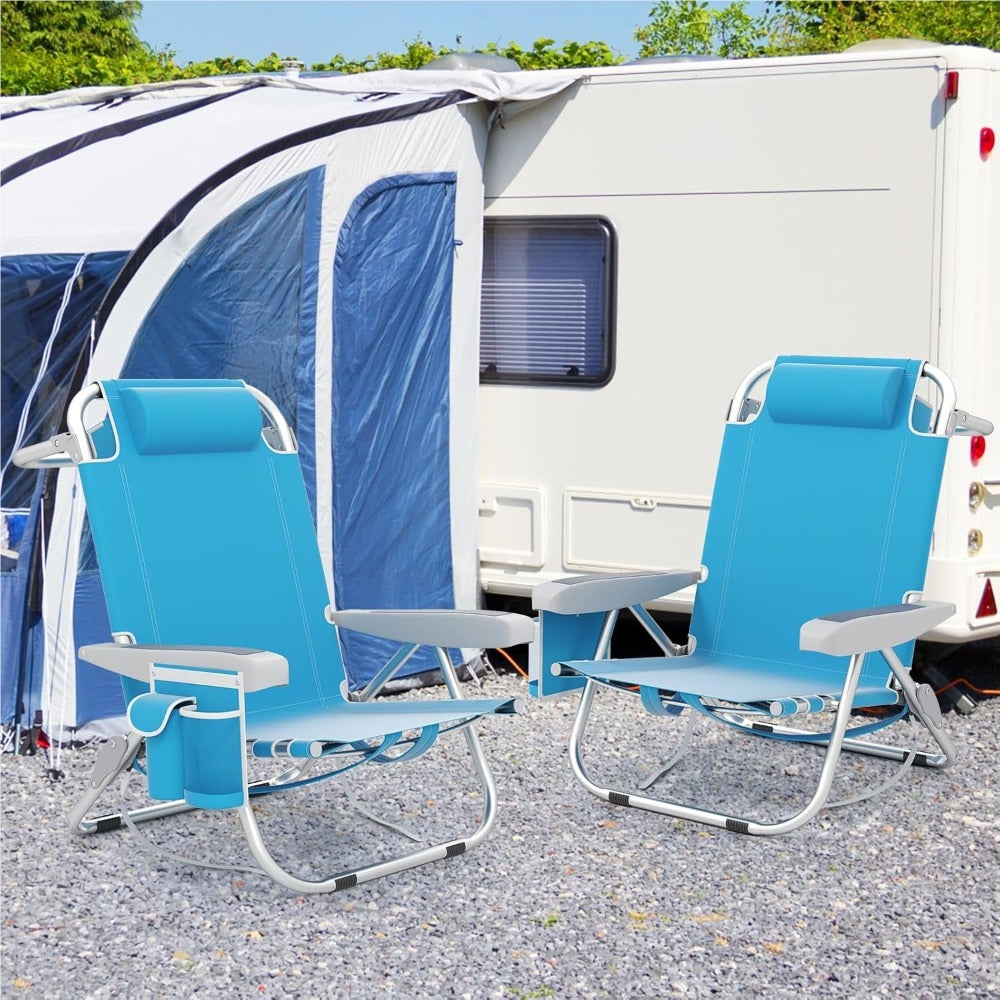 Silla de playa plegable, ligera, silla de camping con respaldo ajustable, reposacabezas, bolsillos laterales, correas para los hombros, soporte para toalla y reposabrazos, silla plegable, silla para exteriores (Azul)