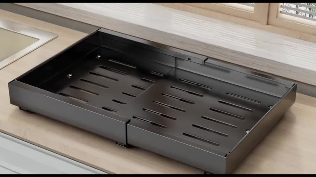 Juego de 4 organizadores extraíbles para gabinetes, cajones extensibles y ajustables (32.0cm-52.07cm de ancho), instalación sin taladro con adhesivo fuerte, estante deslizante de acero al carbono inoxidable, capacidad de carga de 27.22 kg