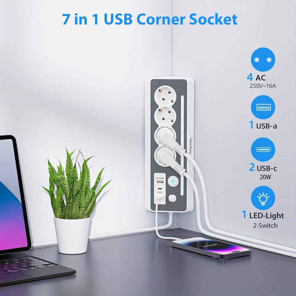 Regleta de enchufes múltiples de ángulo recto 7 en 1 con estación de carga rápida, 4 CA, 2 USB-C de 20W con indicador LED y doble interruptor, ideal para cargar teléfonos, tablets en el hogar, la oficina, configuración de oficina en casa, organización del