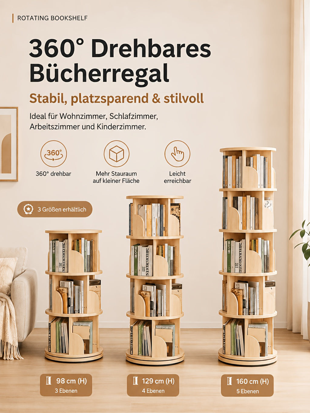 Librerías y estanterías | Torre de estantería giratoria 360°, diámetro grande de 46 cm × altura de 160 cm, librero giratorio de 3/4/5 niveles