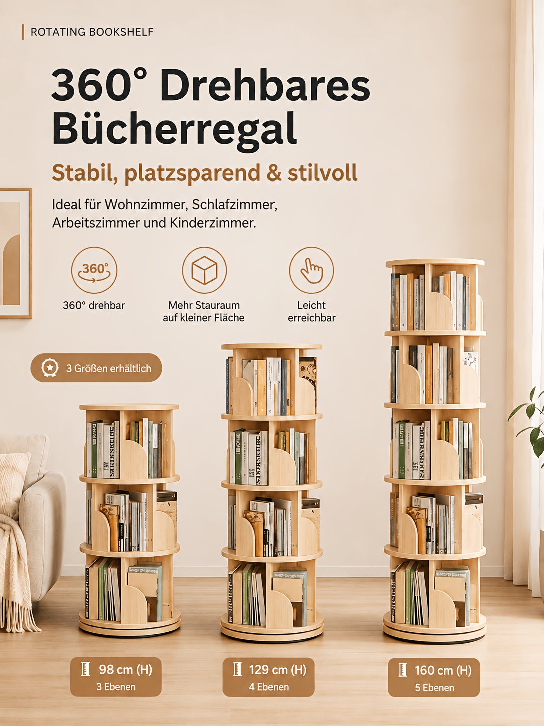 Librerías y estanterías | Torre de estantería giratoria 360°, diámetro grande de 46 cm × altura de 160 cm, librero giratorio de 3/4/5 niveles