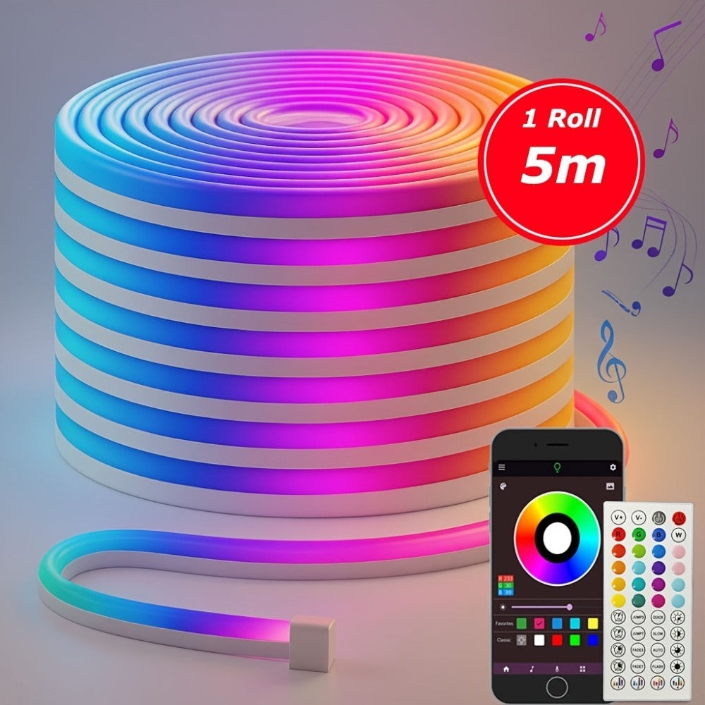 Tira de luz neón RGB, clasificación IP65, control remoto y control por APP disponible, color ajustable, sincronización APP con música, ideal para salas de juegos, dormitorios, decoraciones interiores para Navidad y Halloween.