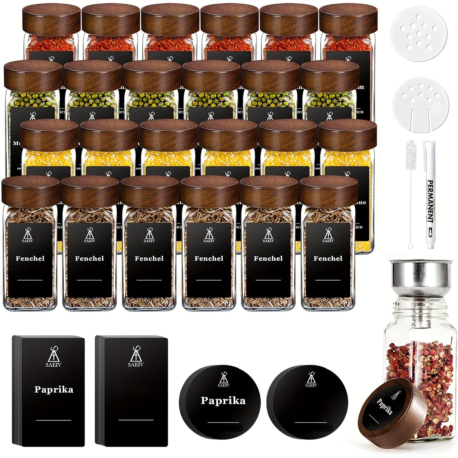 Paquete de 12/24/35 Tarros Cuadrados para Especias de 120ml con Tapas de Madera de Acacia | Recipientes de Vidrio Borosilicato, Etiquetas Integradas y Dispensador Agitador | Tarros Premium para Almacenar Hierbas en la Cocina, Condimentos