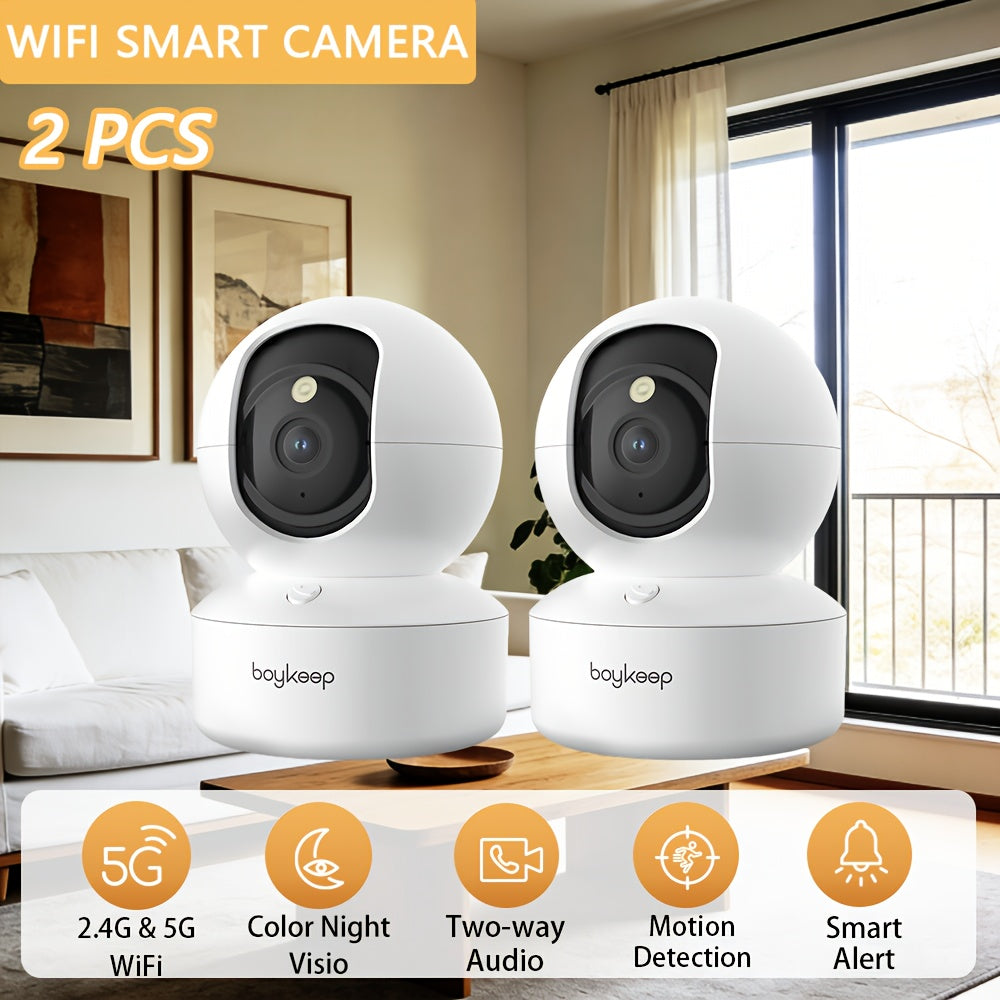 Juego de 2 cámaras inteligentes que funcionan a 5G/2.4Ghz para Wifi, diseñadas para seguridad interior con monitoreo de alta definición, que presentan una cámara de seguridad única para hogares, que ofrece vigilancia de video panorámica de 360°, capacidad