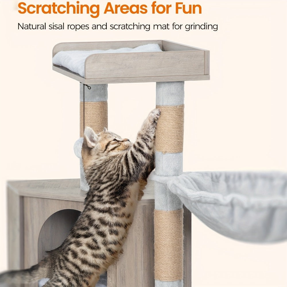 Árbol para Gatos con Armario de Letrero, Armario para Gatos, Casa Moderna 4-en-1 con Plataforma Grande, Casa para Gatos con Alfombra Rascadora de Sisal, Postes y Pompones, Cojines Lavables