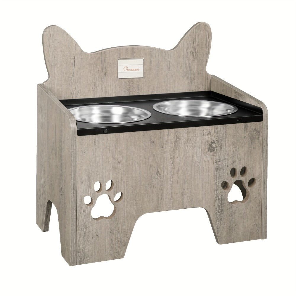 Comedero Elevado para Mascotas con Dos Tazas de Acero Inoxidable, Diseñado para Evitar Derrames, Apto para Perros de Todo Tamaño, con un Diseño Vintage Marrón y Negro