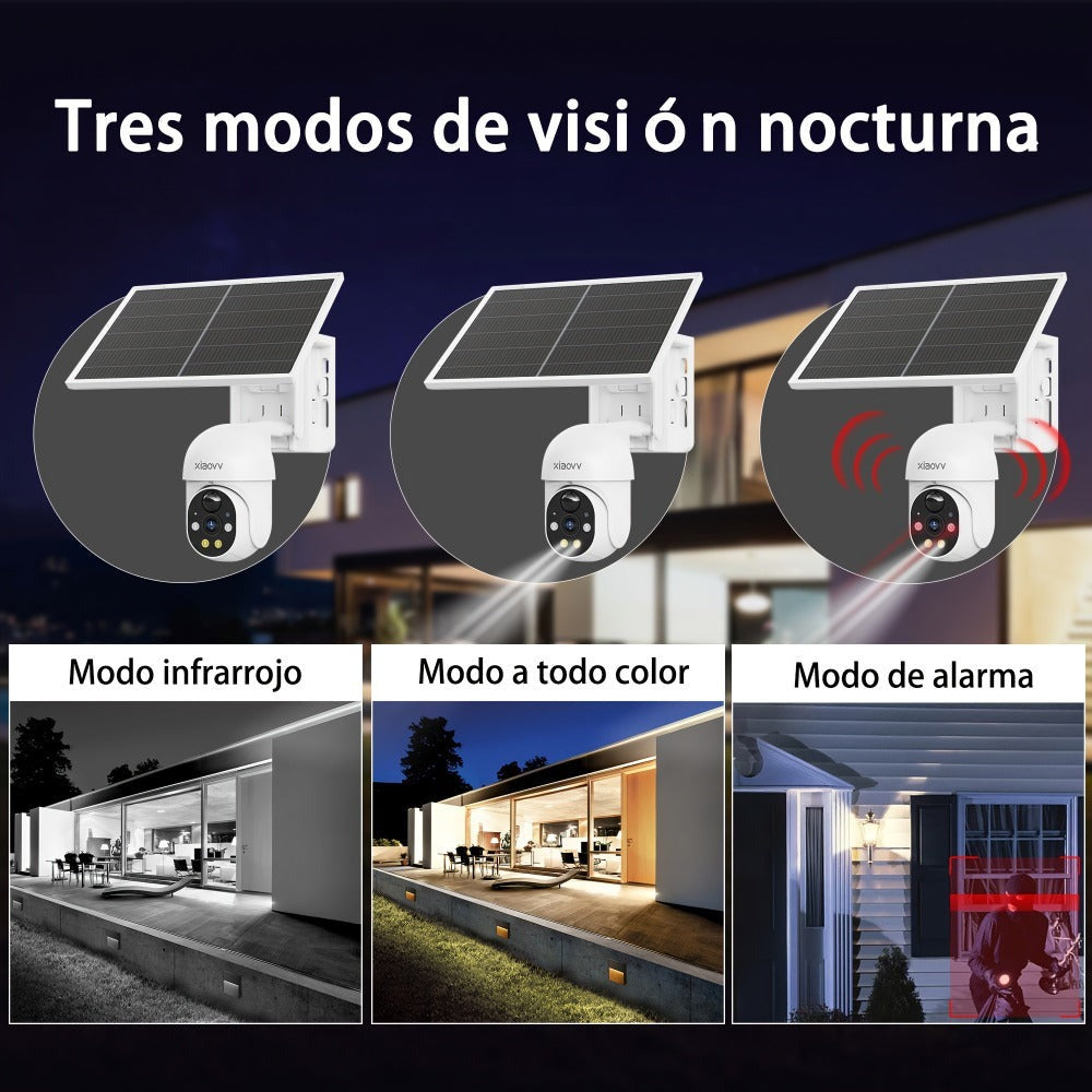 Cámara de seguridad exterior XIAOVV P6, sistema de vigilancia sin varillas WiFi con visión nocturna HD 1080P, audio bidireccional, alertas de detección de movimiento, panel solar, adecuada para CCTV empresarial, con aplicación y montaje en pared