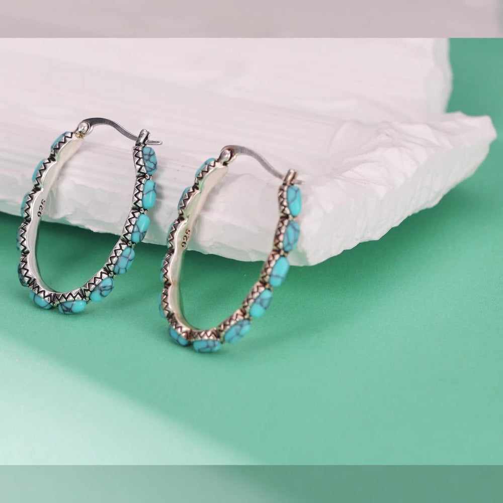 Aretes de Plata Esterlina 925 con Turquesa, Estilo Bohemio, 5.2g de Plata, Uso Diario, Opción de Regalo de Navidad, con Empaque Elegante
