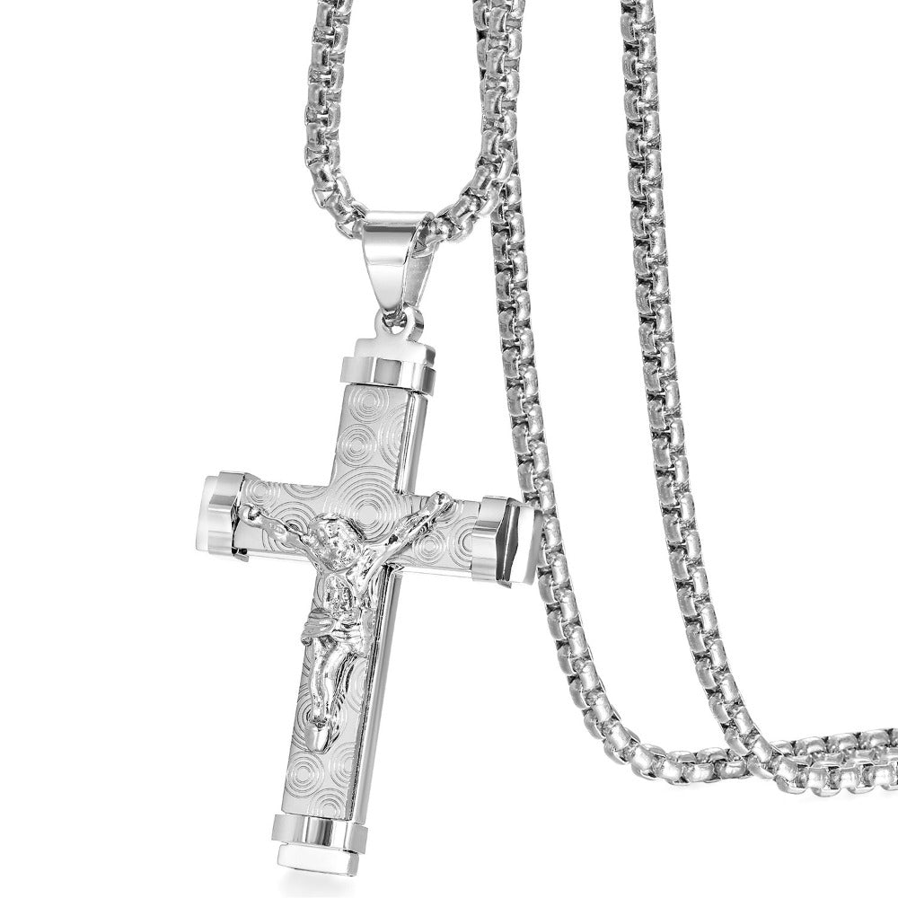 Collar con colgante de cruz de cristo con ondulaciones, acero inoxidable 304, cadena de 55.88cm para hombre