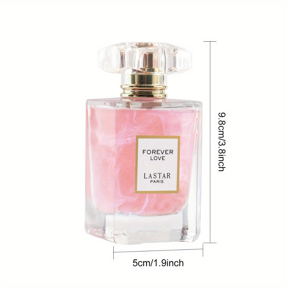 LASTAR Paris Forever Love Fragrance 1.86Oz, una fragancia floral romántica con aroma a rosa, jazmín, vainilla y pachulí. Ofrece un aroma suave y refrescante, es de larga duración y viene en un elegante frasco de vidrio rosa con tapa dorada.