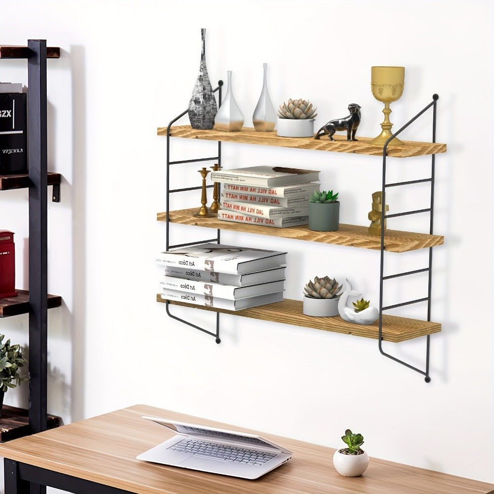 Estante Flotante de Pared, Unidad de 3 Niveles, Estantes Flotantes Rústicos para Cocina, Almacenamiento de Pared Ajustable, Estanterías Montadas en Pared para Libros, Plantas, Madera y Metal, Estantes de Exhibición para Sala, Dormitorio, Cocina, Estantes