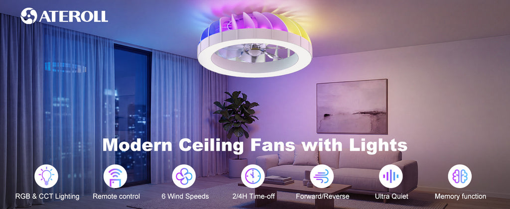 Ventilador de techo Ateroll con iluminación, diámetro 46 cm, ventilador de techo RGB con luz y control remoto, 6 niveles de viento, 3000 K - 6500 K, LED regulable, temporizador silencioso, luz de techo con ventilador para dormitorio, sala de estar