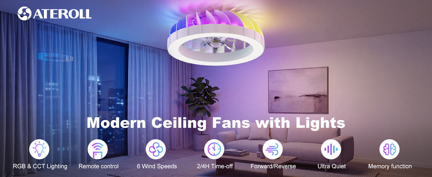 Ventilador de techo Ateroll con iluminación, diámetro 46 cm, ventilador de techo RGB con luz y control remoto, 6 niveles de viento, 3000 K - 6500 K, LED regulable, temporizador silencioso, luz de techo con ventilador para dormitorio, sala de estar