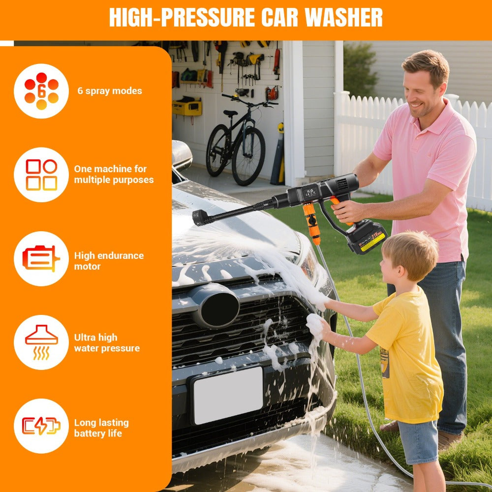 Lavadora a Presión Inalámbrica 21V 450Bar/652 PSI Portátil con 1X o 2X Batería, Boquilla Ajustable 6 en 1, Manguera de 16.4 Pies, Limpiadora de Presión para Coche/Suelo/Jardín y Riego de Patio