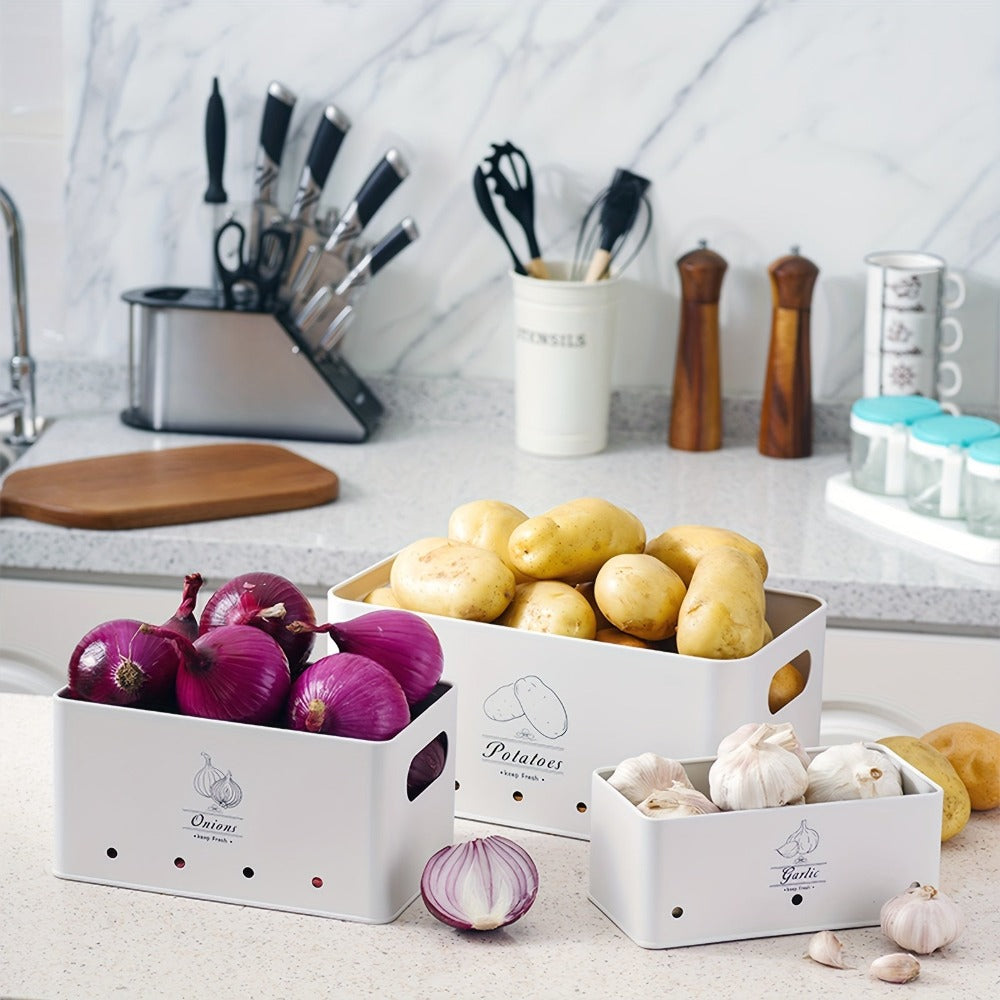Juego de 3 Contenedores para Almacenar Patatas, Cebollas y Ajo | Conservador de Frescura de Alimentos a Prueba de Humedad y Brotes | Organizador de Cocina Ventilado de Grado Alimenticio | Cajas para Almacenar Verduras | Esencial para el Despensa del Hogar