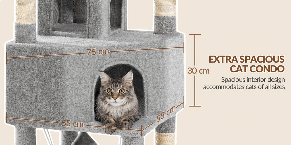 Árbol para gatos de 220 cm de varias capas con 3 casitas para gatos, 3 plataformas, 3 hamacas, 8 postes de sisal, 1 bola de pelo y 1 cuerda de sisal