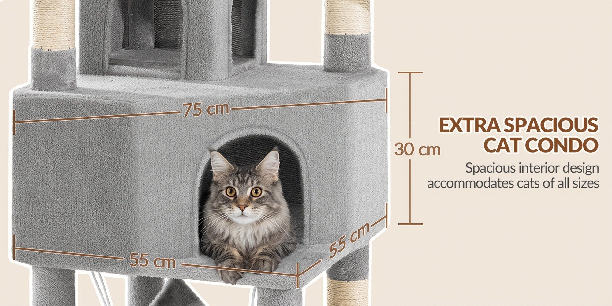 Árbol para gatos de 220 cm de varias capas con 3 casitas para gatos, 3 plataformas, 3 hamacas, 8 postes de sisal, 1 bola de pelo y 1 cuerda de sisal