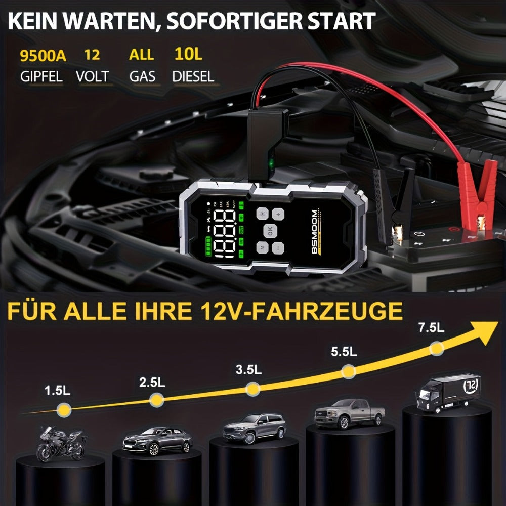 Inflador de neumáticos y arrancador de coche con compresor de aire, impulsor de batería de 8000A, power bank y luces LED. Esta caja de arranque automático de 12V es adecuada para todos los vehículos de gasolina o diésel de 10.0L y viene con una funda de t