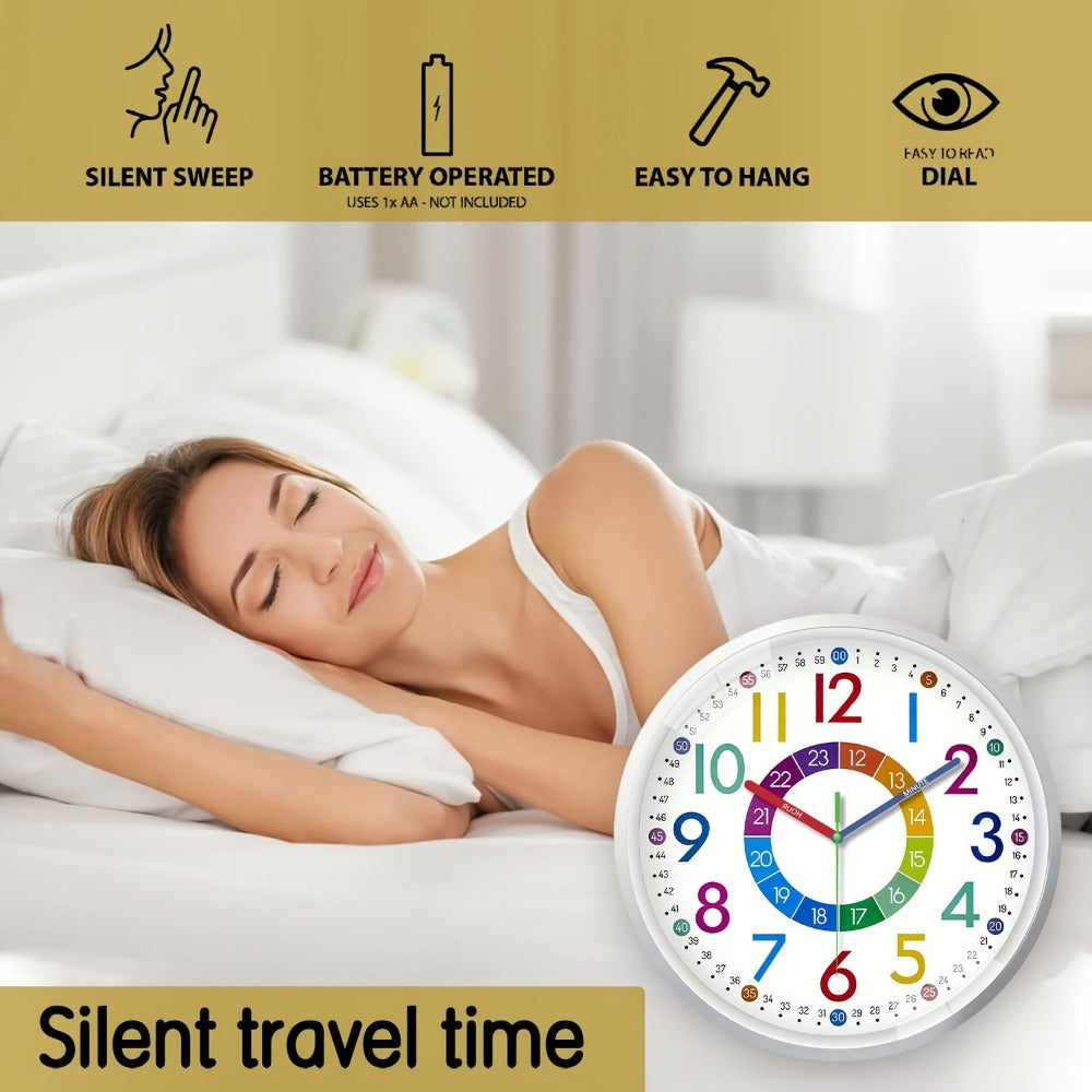 Reloj de Pared de Colores de 20,32-30,48 cm, Reloj de Aula Fácil de Leer y Fácil de Enseñar, Reloj de Pared de Plástico Silencioso Sin Tic Tac, Relojes de Pared a Pilas, Adecuado para Aula, Dormitorio, Sala de Juegos, Decoraciones de Pared, Regalos para M