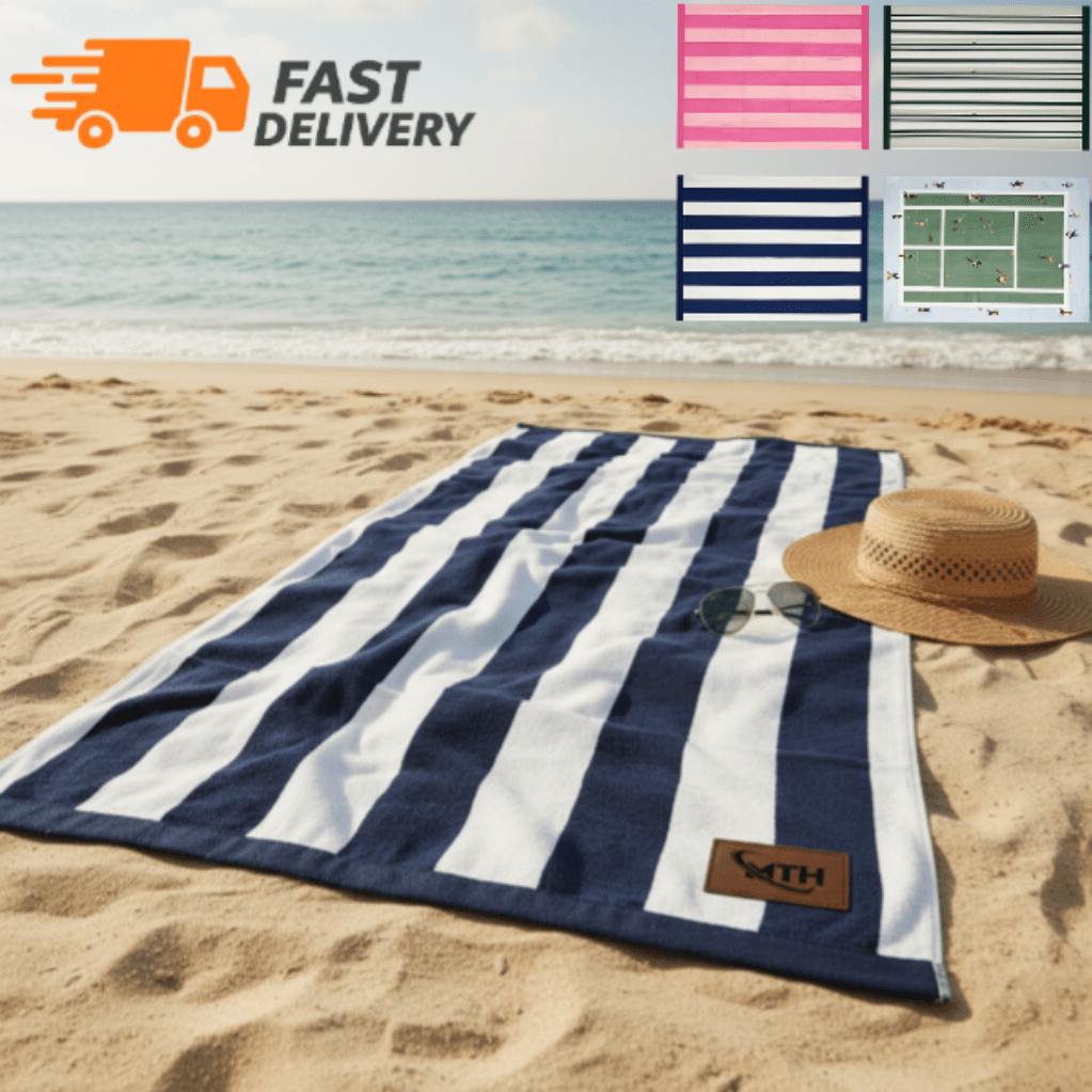 Toalla de playa grande de algodón 97% ALGODÓN 3% POLIÉSTER – XL 100x180cm Secado rápido, absorbente y ligera para piscina, playa y viajes. Diseños con estampado de rayas y tenis.