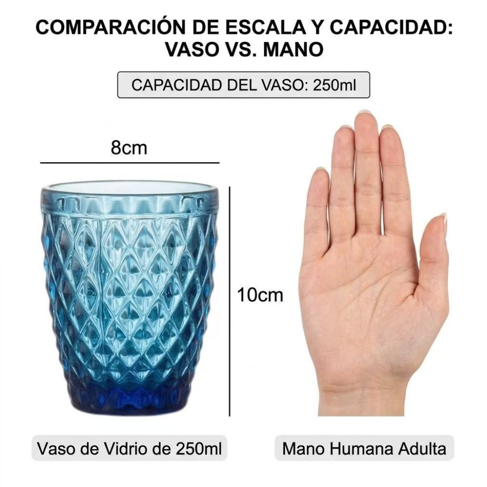 TRESV Set de 6 Vasos de Cristal 250ml | Diseño de Diamante Elegante | Aptos para Lavavajillas | Vidrio Sin Plomo para Agua y Refrescos