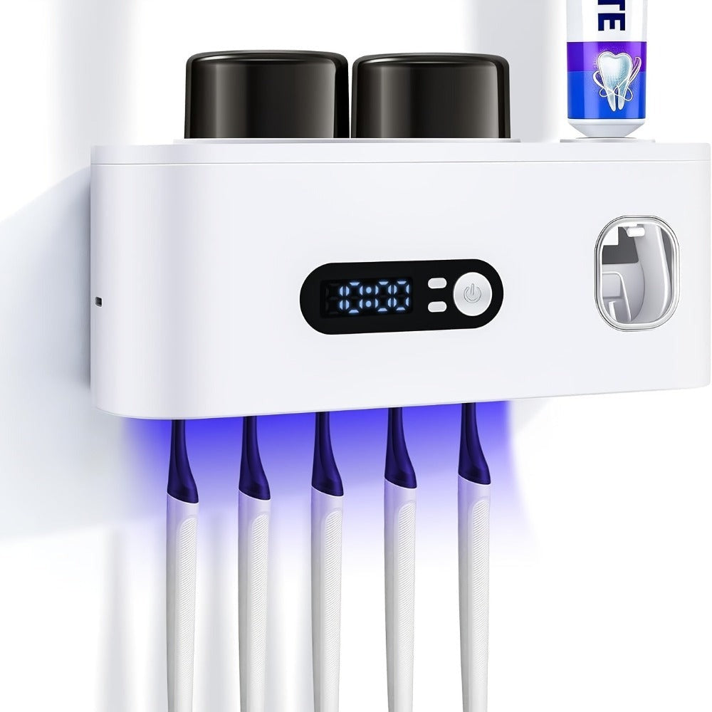 Portacepillos de dientes inteligente de pared automático y dispensador de pasta de dientes con UVC, una operación, panel de visualización, apto para baño, sistema de secado higiénico, ahorra espacio para baños pequeños, exprimidor automático de pasta de d