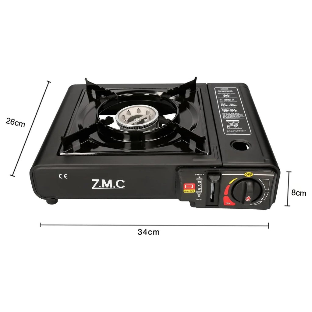 ZMC Estufa de Camping de 1 Quemador 2.2 kW con Encendido Piezoeléctrico, Adaptador para GLP y Estuche de Transporte – Estufa Portátil de Acero Inoxidable para Camping, Exteriores, Jardín, Balcón y Cocina de Emergencia en Interiores | Diseño Robusto, Contr