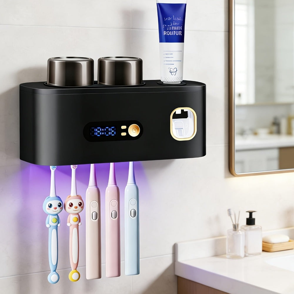 Portacepillos de dientes inteligente de pared automático y dispensador de pasta de dientes con UVC, una operación, panel de visualización, apto para baño, sistema de secado higiénico, ahorra espacio para baños pequeños, exprimidor automático de pasta de d