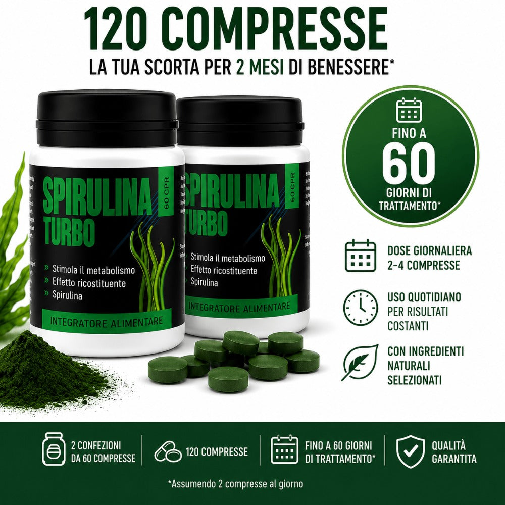 Spirulina Turbo – Suplemento Dietético a Base de Espirulina – 60 Tabletas Veganas de 500 mg – Apoyo para la Rutina Diaria y el Bienestar