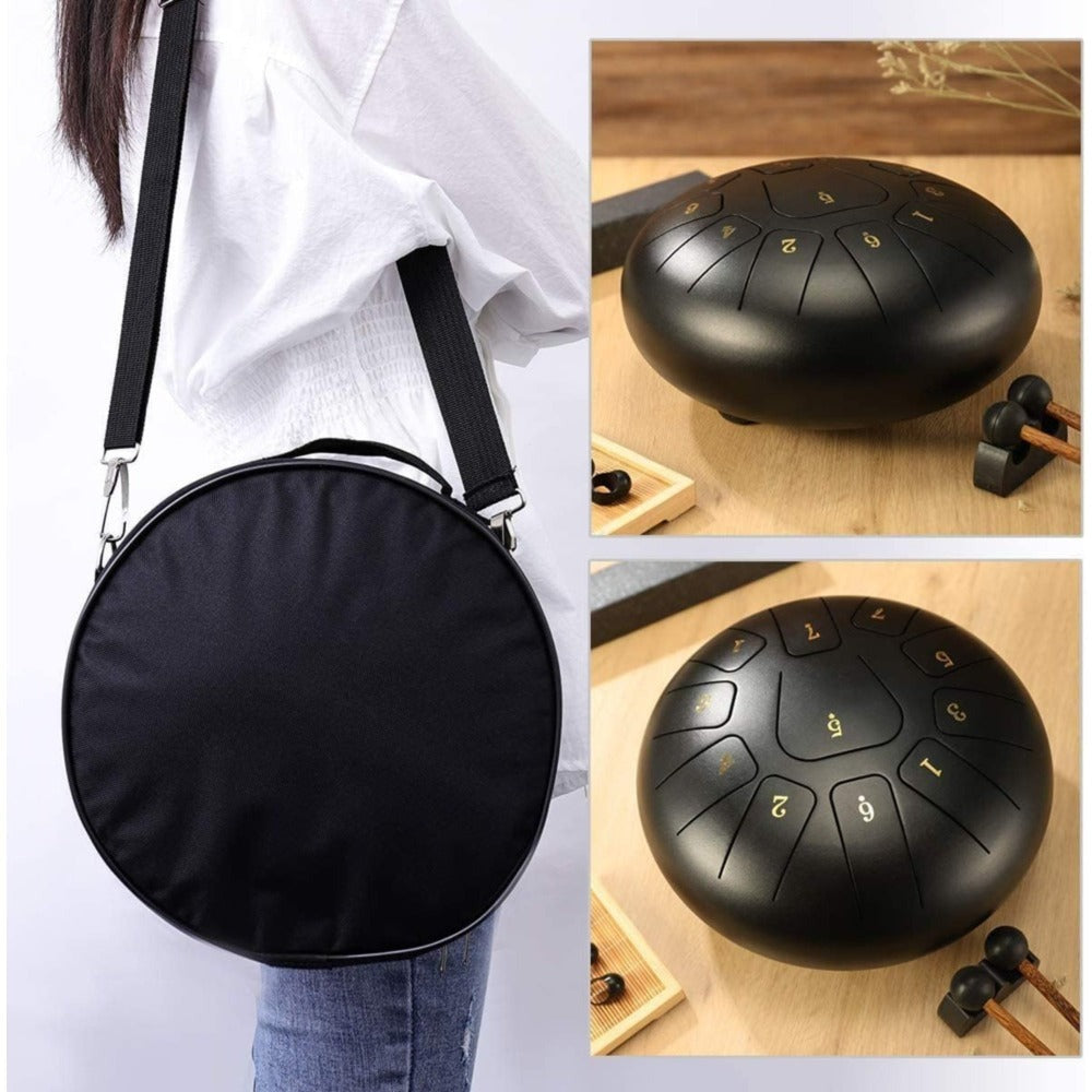 Tambor de lengüetas de acero de 10 pulgadas con 11 notas, completo con mazos de tambor, una bolsa de transporte y palillos de notas para terapia del sonido, meditación y yoga