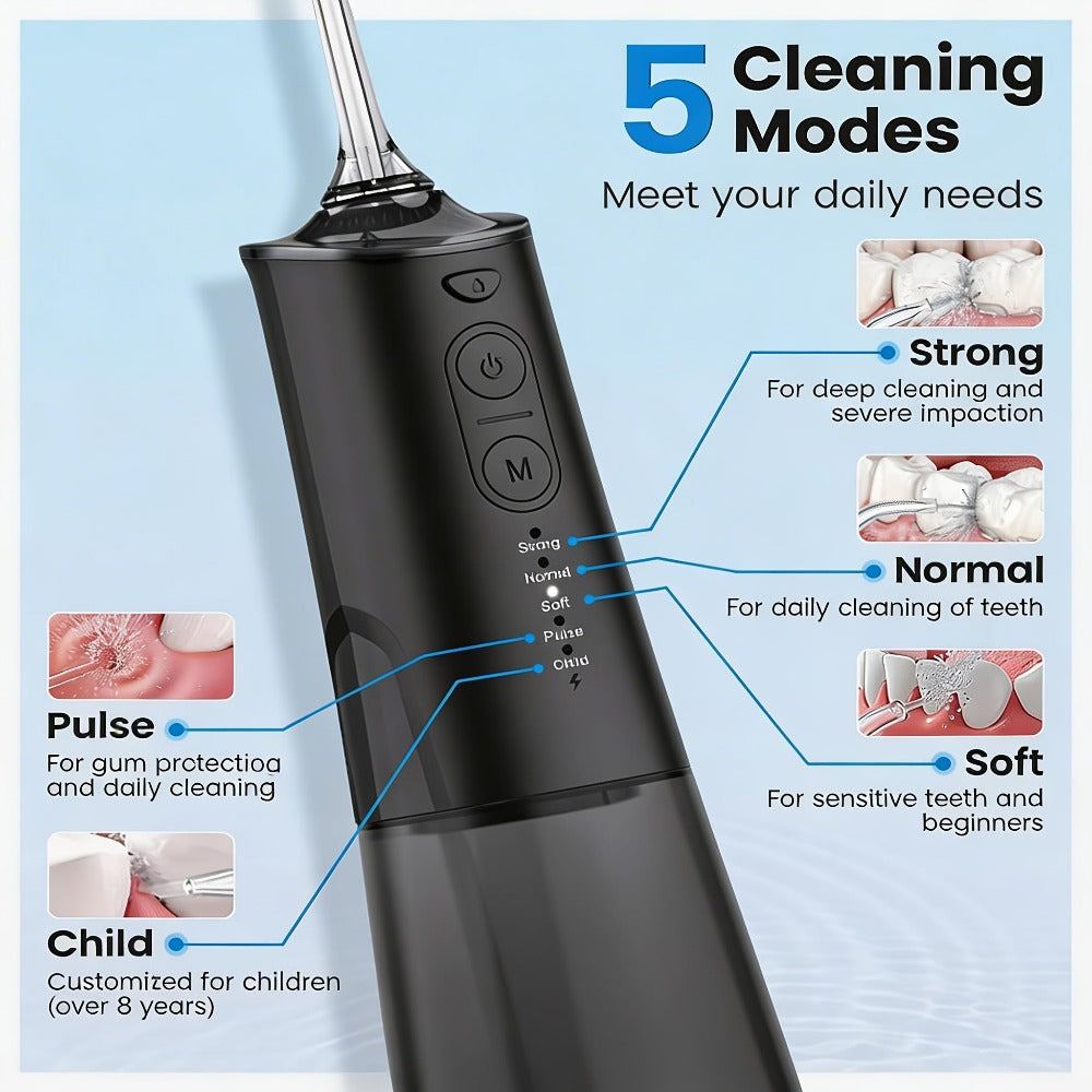 Irrigador bucal portátil recargable, hilo dental con agua para dientes, irrigador dental inalámbrico profesional 8 boquillas 5 modos, IPX7 a prueba de agua 300ML para limpiar los dientes, hogar y viaje