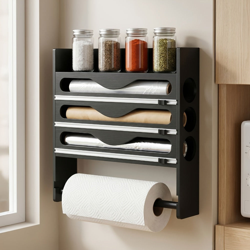 Dispensador de Papel Aluminio con Cortador, Reutilizable, Ahorra Espacio, Ideal para Almacenamiento en Cocina, Adecuado para Bolsas de Plástico, Film Transparente y Papel Aluminio, Montaje en Pared
