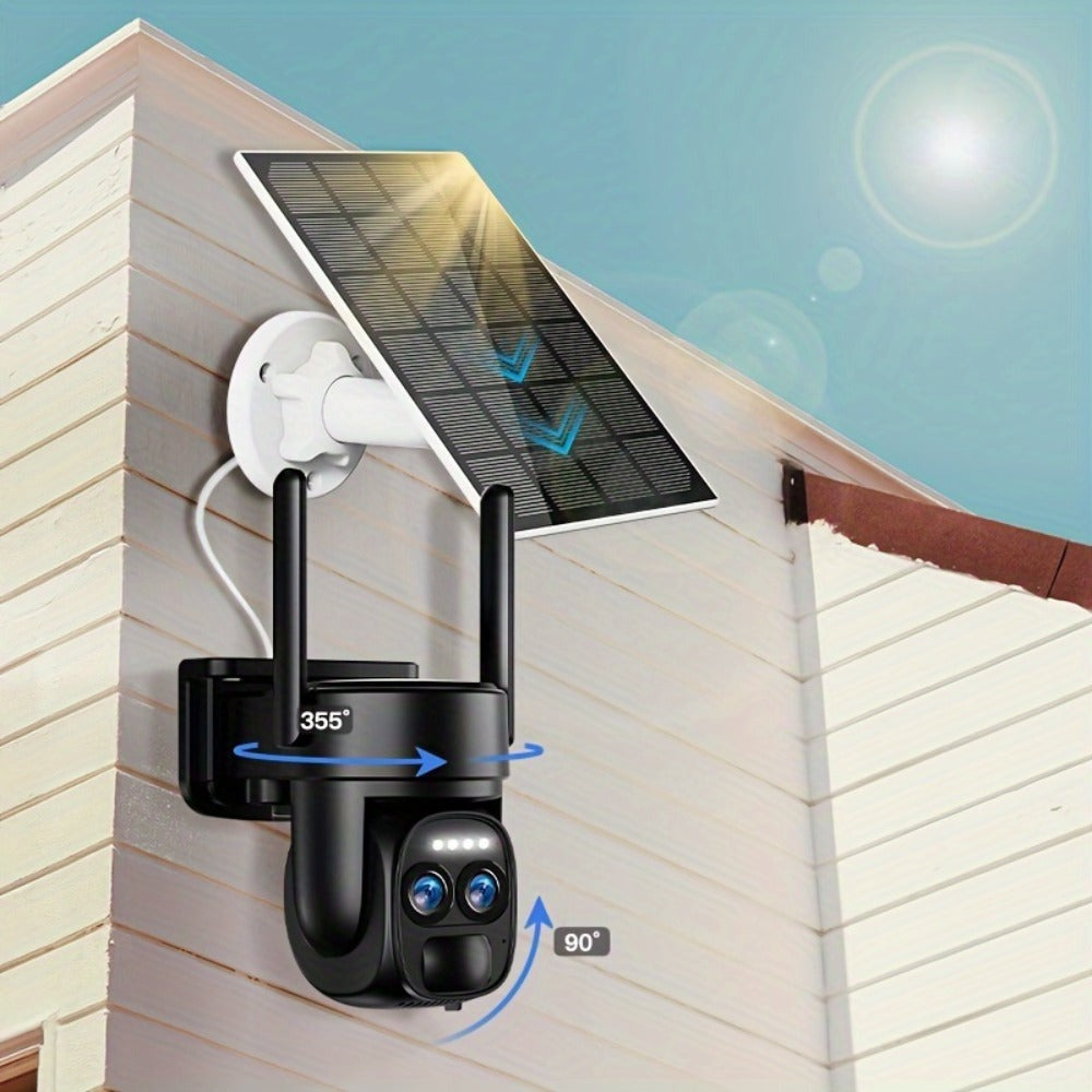 [10X Zoom] Cámara CCTV de bajo consumo con panel solar, batería, 360 grados, 2K FHD, Wifi, con alarme de foco, detección de movimiento, visión nocturna a color y audio bidireccional