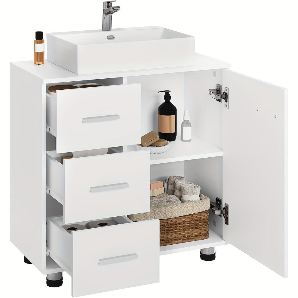 1pc Armario de Medicina, Tocador con 3 Cajones, Gabinete con 2 Compartimentos, Armario para Baño con Estante Ajustable, 60 x 60 x 30 cm, Blanco + Gris/Blanco/Blanco + Roble