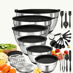 26 tazones para ensalada con tapas, 6 tazones mezcladores de acero inoxidable, 3 accesorios de cuchillo mezclador, 17 herramientas de cocina prácticas, antideslizantes, gadgets de cocina resistentes al óxido para ensaladas y más