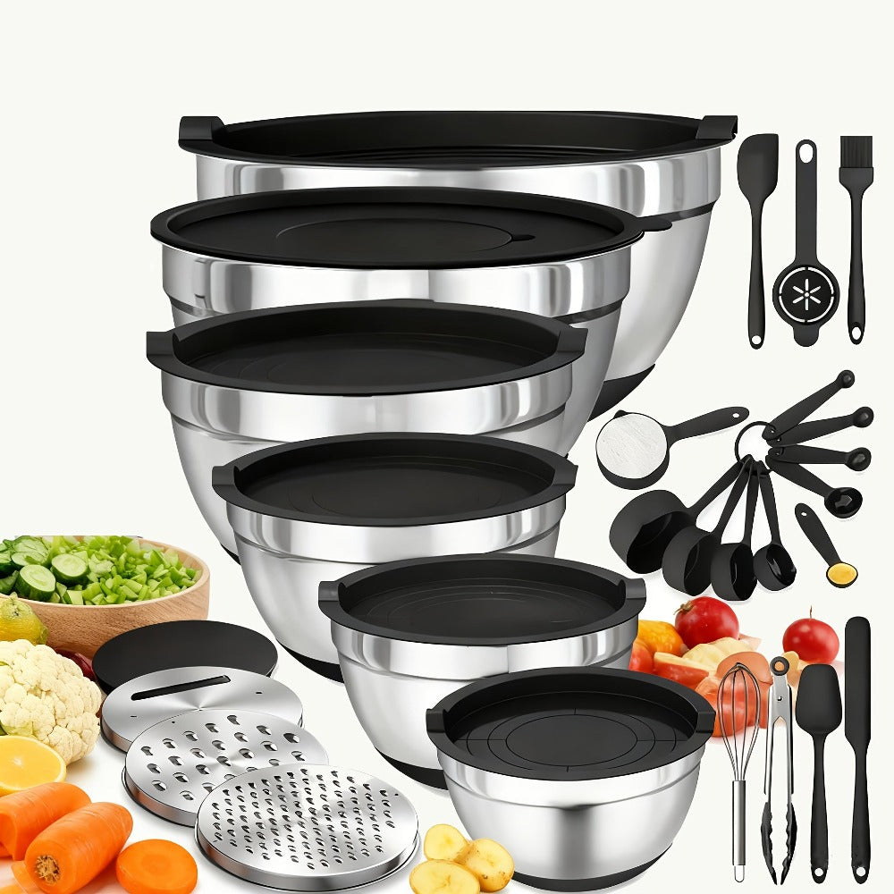 26 tazones para ensalada con tapas, 6 tazones mezcladores de acero inoxidable, 3 accesorios de cuchillo mezclador, 17 herramientas de cocina prácticas, antideslizantes, gadgets de cocina resistentes al óxido para ensaladas y más