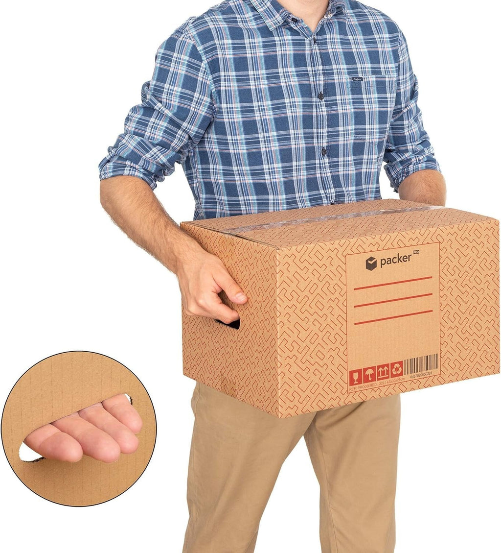 Caja Cartón para Mudanzas y Almacenaje Ultra Resistentes con Asas, Fabricadas en Cartón Duro, Ideal para Mudanzas o Almacenaje de Libros y Ropa, Transporte Cómodo y Seguro gracias a las Asas Laterales - packer PRO