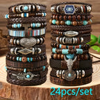 24 Piezas de Pulseras Retro con Cuentas Turquesa y Madera para Hombres y Mujeres - Cuero Sintético Marrón con Colgantes de Estrella y Pluma, Regalo Ideal para Amigos, Eventos Diarios o Campus