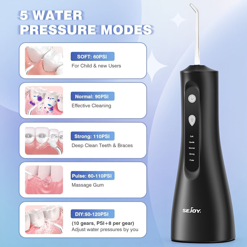 Irrigador Bucal Sejoy C12BLA Profesional con 5 Modos, 9 Boquillas, Tanque de 350ML, 30 Días de Batería para Limpieza Dental, Brackets y Cuidado de las Encías