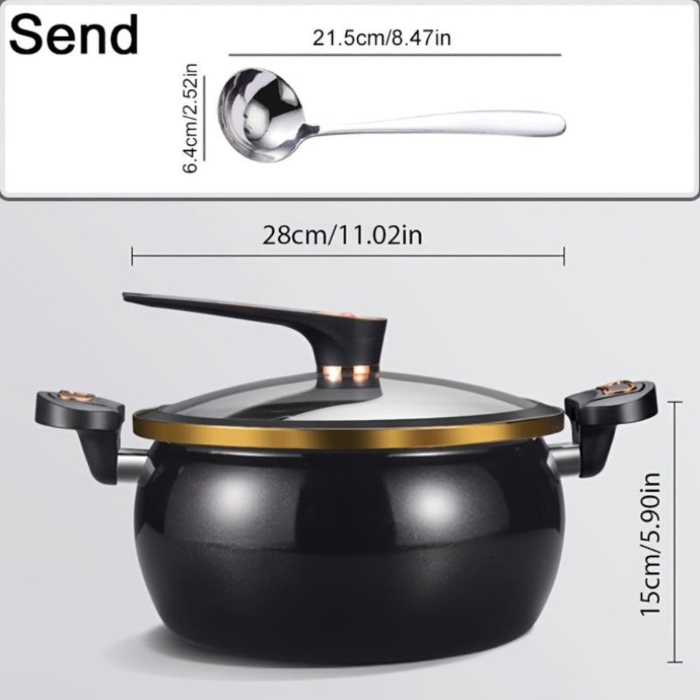 Olla Grande de 28 cm con Tapa de Cierre - Olla Versátil para Sopas y Estofados Rápidos, Compatible con Estufas de Gas, Diseño Elegante en Negro y Dorado, Tapa de Vidrio, Opciones Multicolor de Moda - Regalo Ideal para el Hogar