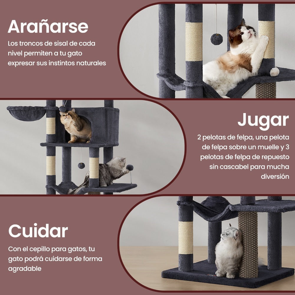 Árbol para Gatos de 175 cm, Torre Multinivel, 2 Niveles, 2 Hamacas, 5 Postes Rascadores, Cepillo, Plataformas, Regalos de Navidad