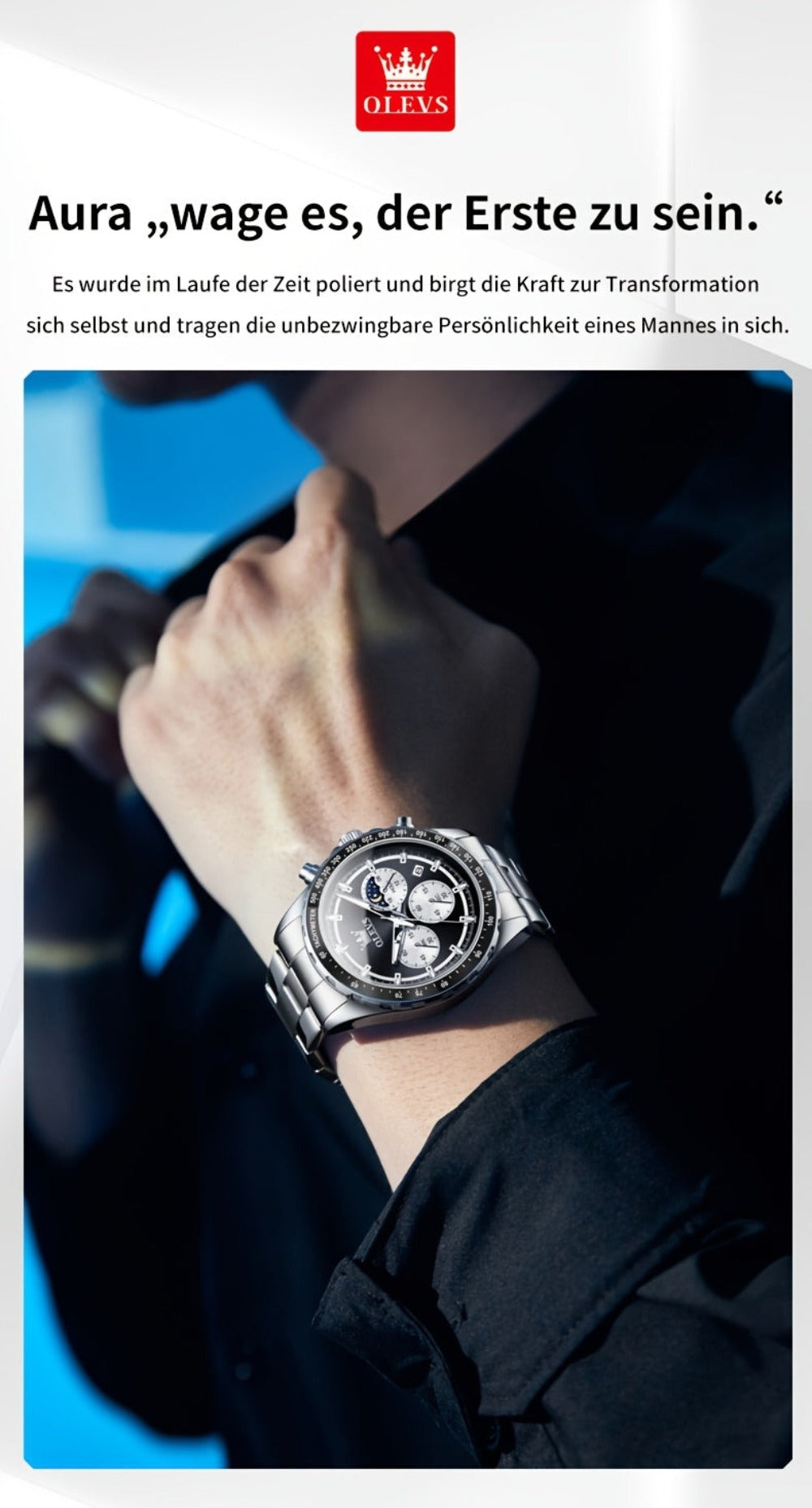 OLEVS Relojes para Hombre Fase Lunar Esfera Acero Inoxidable/Correa de Cuero Cronógrafo Lujo Negocios Vestir Analógico Cuarzo Relojes Masculinos Clásicos Casual Caballero Relojes de Pulsera Luminosos Esfera Negra/Blanca/Azul/Verde
